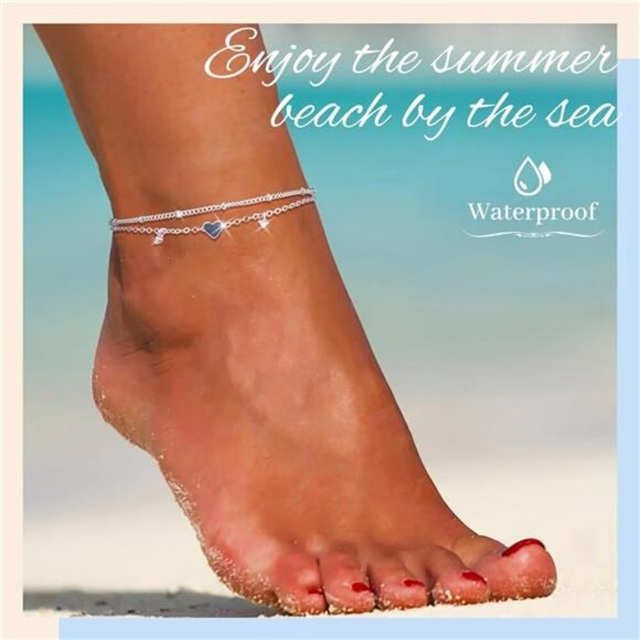 Sterling Silver Anklet for Women Heart Charm CZ Layered Waterproof Jewelry - Picture 5 of 8